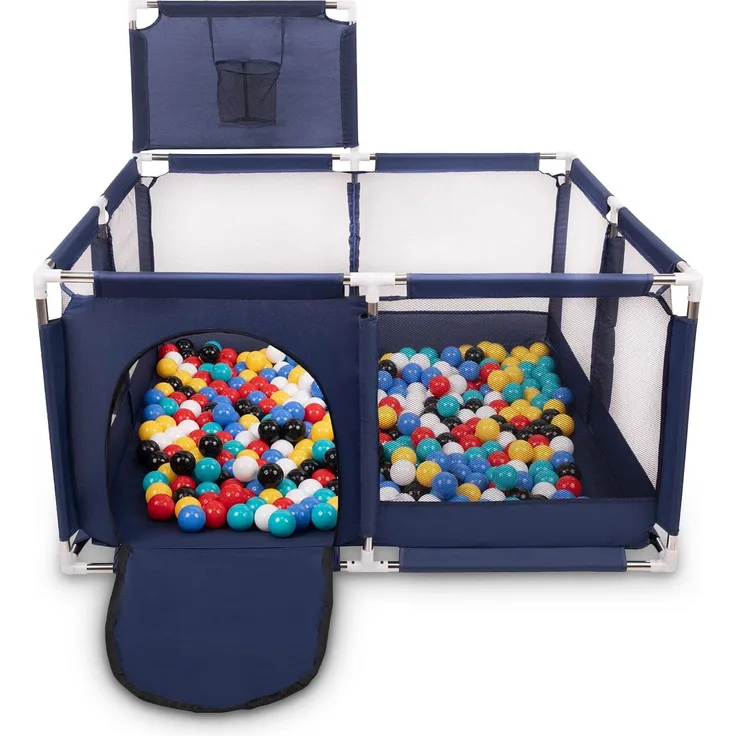 Selonis Laufstall Mit Korb Und 900 Bälle Laufgitter Für Kinder, Blau:Schwarz/Weiß/Blau/Rot/Gelb/Türkis