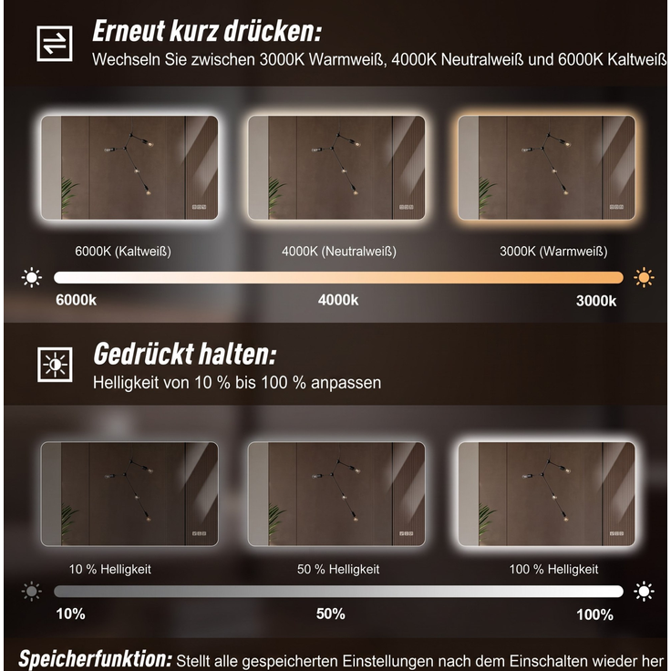 Badspiegel aus Glas mit LED-Beleuchtung, dimmbar und beschlagfrei, 60x80 cm, Silber – Bild 6