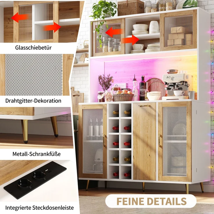 Seitenboard / Aufbewahrungsschrank / Multifunktions-Küchenschrank / Buffetschrank, 120x40x170cm, mit LED-Beleuchtung, Weinregal & Snackregal, 5 Türen, integrierte Steckdose, Weiß mit Holzoptik – Bild 3