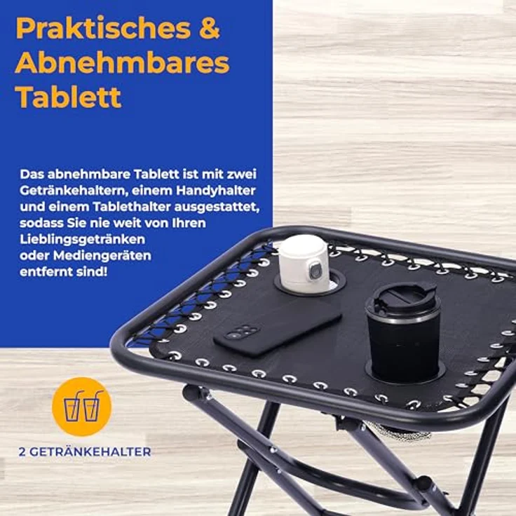 SereneLife Liegestuhl, Gartenliege Klappbar, Strandliege, Sonnenstuhl als Gartenbett mit atmungsaktivem Textil, Verstellbar zum Liegen für Garten & Camping mit Seitentisch, Kopfkissen & Getränkehalter – Bild 5