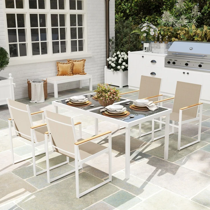Gartenset mit rechteckigem Esstisch aus Glas und 4 Stühlen mit Armlehnen, mehrfarbig – Bild 3