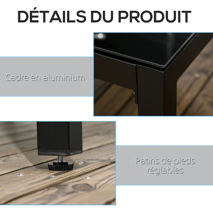 Rechteckiger Gartentisch für 8 Personen mit Tischplatte aus gehärtetem Glas und schwarzem Aluminiumrahmen – Bild 7