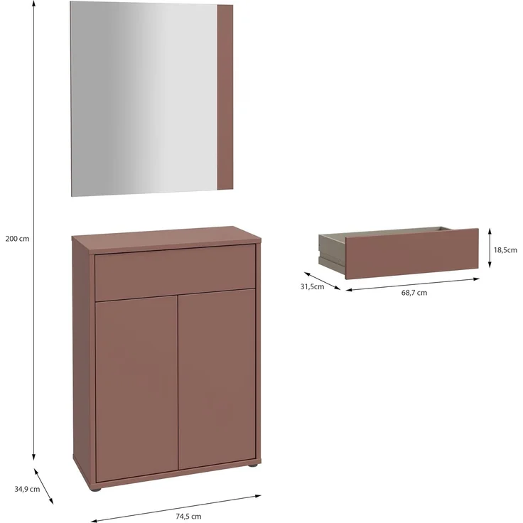 Forte ALICE SPRINGS Flurkommode 70 80, moderner Garderobenschrank mit 2 Türen und 1 Schublade, inkl. Spiegel, Holzwerkstoff, Terrakotta, 74,5 cm breit x 200 cm hoch x 34,9 cm tief – Bild 2