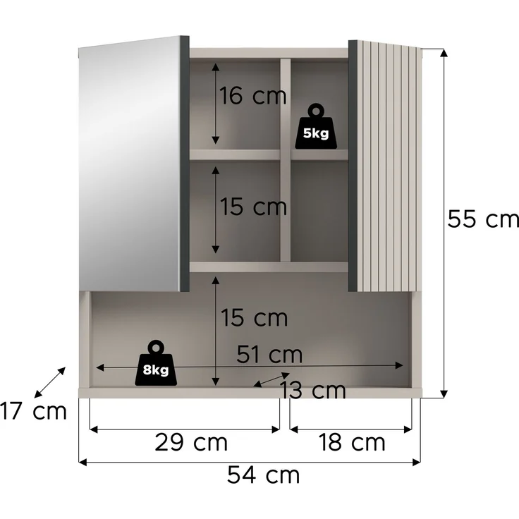 xonox. home – Spiegelschrank Mone 60 x 55 x 17 cm in Kaschmir Nachbildung – Badspiegel mit 1 Spiegeltür, 4 geschlossenen & 1 offenem Fach – Stilvolle Optik, kompakt & eine perfekte Ergänzung für Ihr Bad – Bild 4