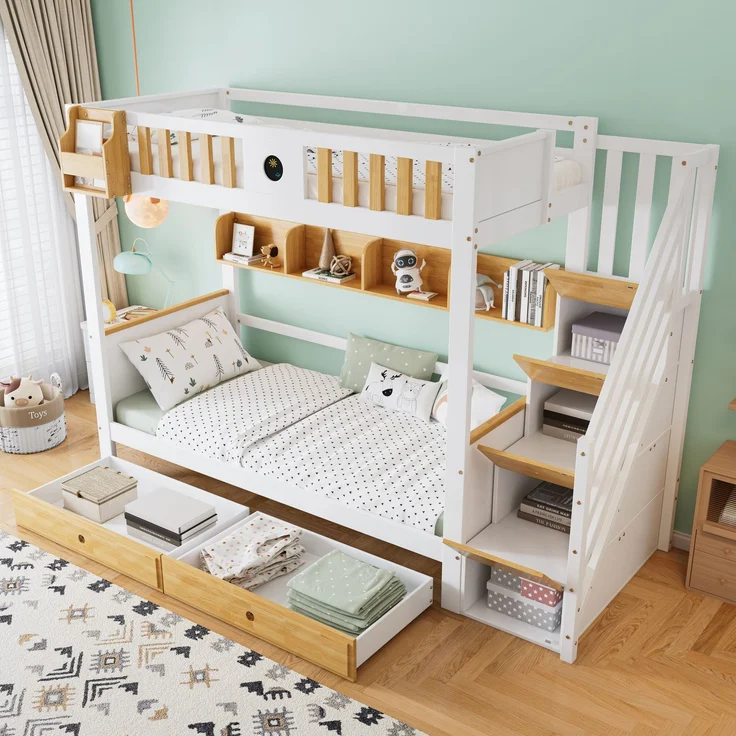 Merax Etagenbett 90x200cm mit Treppe, Reichlich Stauraum, Kinderbett mit 4 Schließfächer in der Treppe, mit Fallschutzgitter und 2 Schubladen, Offenes Regal, Weiß+Natur – Bild 3