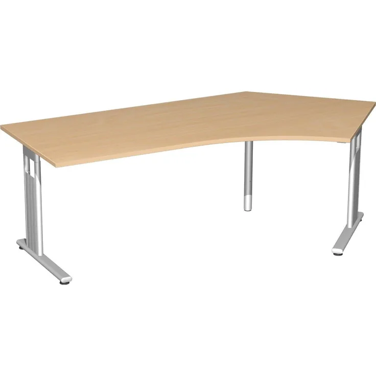 Schreibtisch 135° 'C Fuß Flex' rechts, höhenverstellbar, 216x113 cm, Buche / Silber