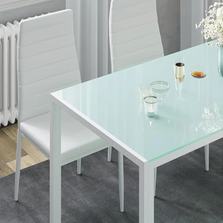 Vicco Grand Metall Esstischset, Weiß, 120x70x75 cm, inkl. 4 Hochlehner-Stühle, modernes Design, pulverbeschichtetes Metall und Glasplatte – Bild 5