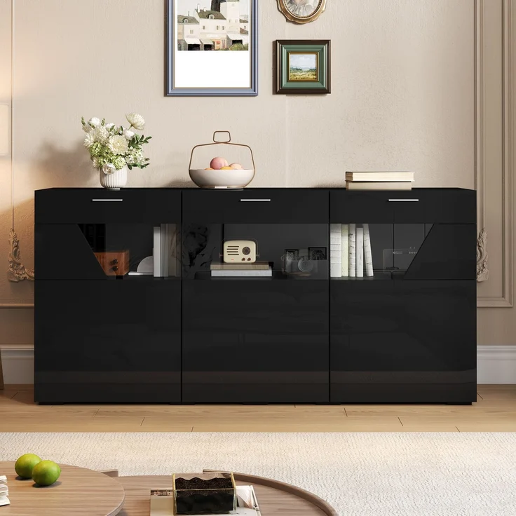 ZUBALIYA Sideboard 160x38x78 cm, mit LED-Beleuchtung, Hochglanz, mit 3 Türen, aus Spanplatte, Schwarz – Bild 8