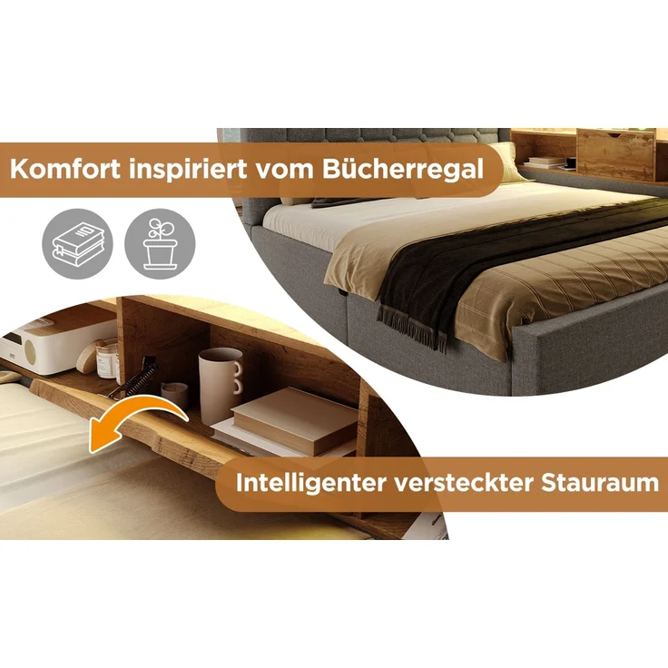 U-life Polsterbett Einzelbett 90x190 cm, hydraulischer Stauraum, L-förmigem, Beidseitig montierbar, Lattenrost, Leinen, Grau – Bild 8