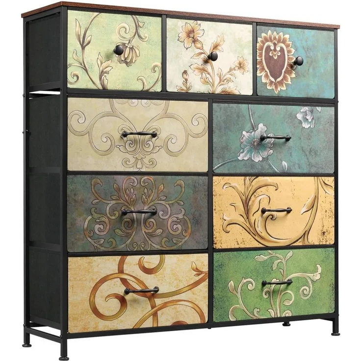 WLIVE Kommode kleiderschrank, 9 Schubladen mit Griffen, (Stauraumschrank Kommode mit Stoffschubladen, florales Vintage-Design), Modernes Sideboard, 100 × 30 × 102 cm, Blumen