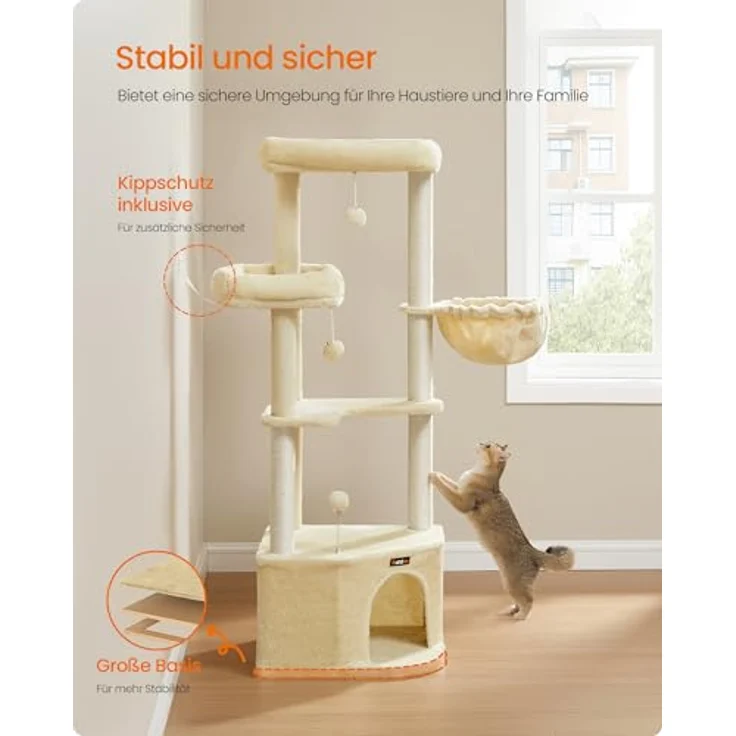 Feandrea Kratzbaum, Katzenbaum, 48,5 x 48,5 x 140,7 cm, Katzenkratzbaum mit großer Kuschelhöhle, großen Plattformen, Plüschbällen, Liegemulde, sandbeige – Bild 7