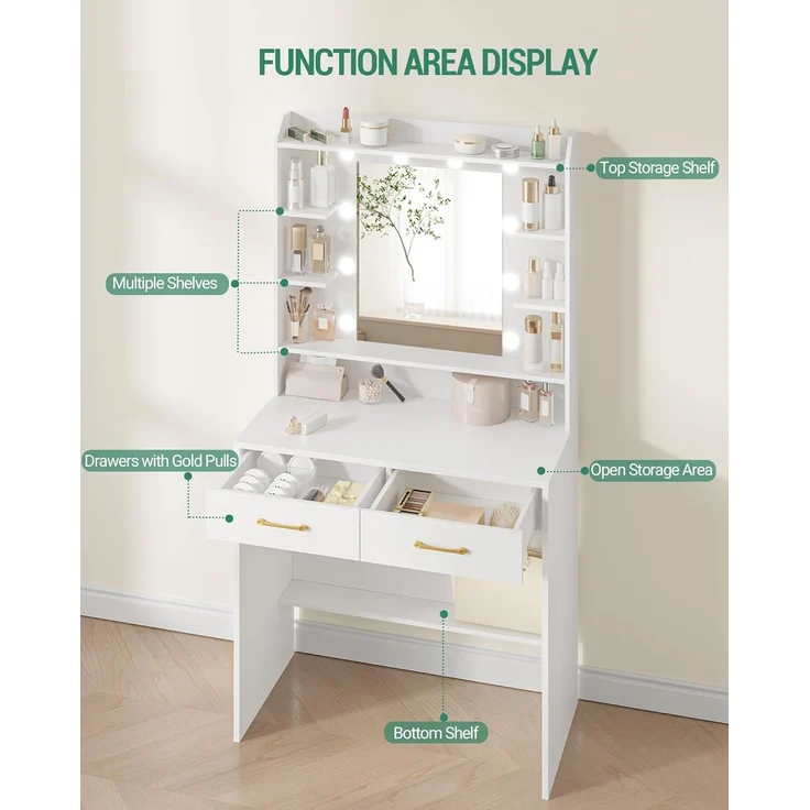 Schminktisch mit Spiegel, Schminktisch mit Ablageflächen und 2 Schubladen, für Schlafzimmer, Wohnzimmer, Verstellbare Helligkeit, 40 x 80 x 149 cm, Weiß – Bild 5