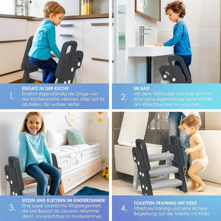 KIDIZ® Tritthocker für Kinder Trittleiter Klappbar mit 3 Stufen | Faltbarer Lern-Turm ab 18 Monaten bis 6 Jahren | Robust | Sicherer & Stabiler Trittschemel | Höhenverstellbar Rutschfest Anthrazit / Grau – Bild 9