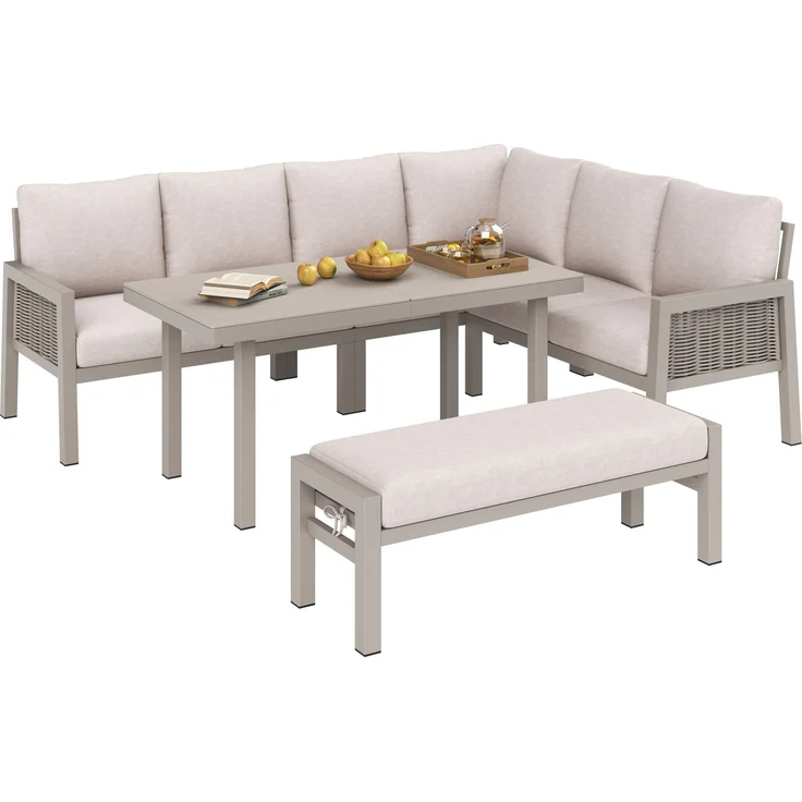 Merax Gartenlounge-Set, Gartenmöbel-Set 7 Sitzer, Gartensofa Eckstellung, mit Esstische, Bänke und Sofas, Khaki – Bild 10