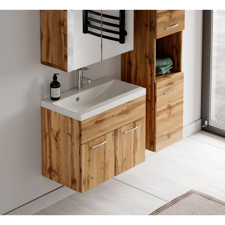 Badplaats Badmöbel Komplettset Montreal 60x35 cm Eiche - Badezimmermöbel mit Waschbecken, Spiegelschrank und Badezimmerschrank – Bild 4