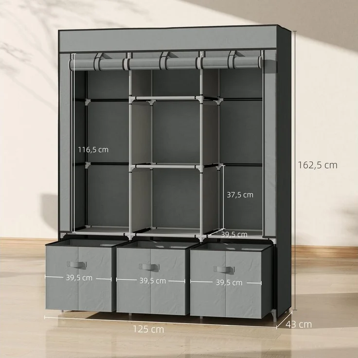 HOMCOM Stoffschrank mit Kleiderstangen, Schubladen, Reißverschluss (faltbarer Kleiderschrank, 1-St, Faltschrank) für Schlafzimmer, Hellgrau, 125 x 43 x 162,5 – Bild 2