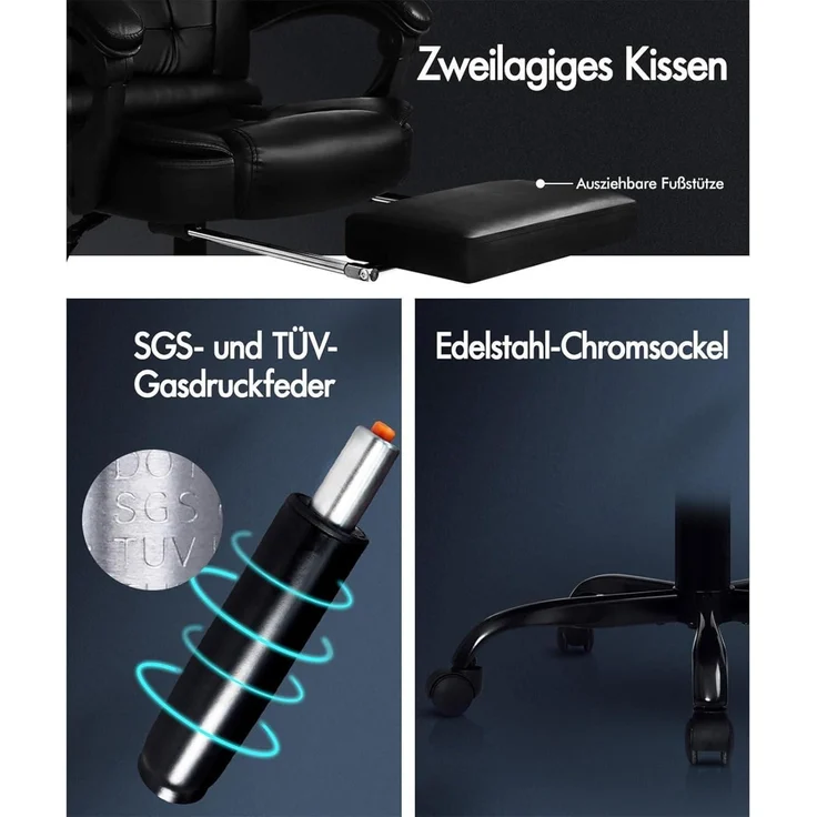 Ergonomischer Bürostuhl Leder Schwarz Massage Lordosenstütze – Bild 6
