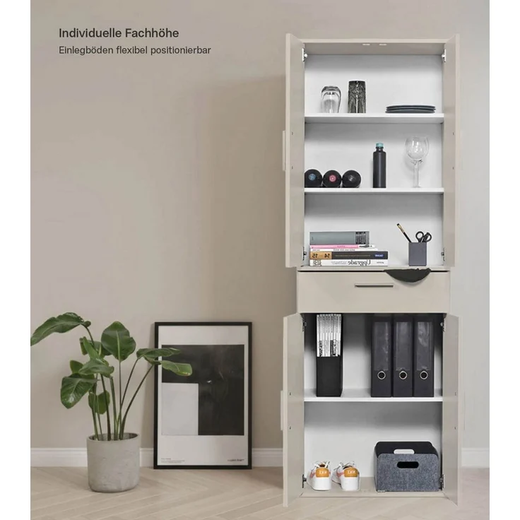 mokebo Mehrzweckschrank Der Praktische (60x180 cm, mit Schublade) Büroschrank, Flurschrank Apothekerschrank, Aktenschrank in Beige Grau – Bild 1