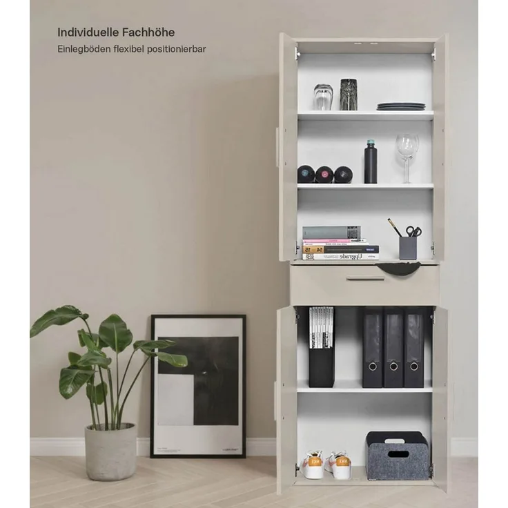 mokebo Mehrzweckschrank Der Praktische (60x180 cm, mit Schublade) Büroschrank, Flurschrank Apothekerschrank, Aktenschrank in Beige Grau