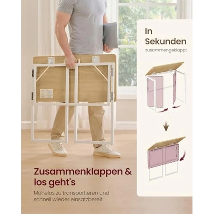 VASAGLE Klapptisch, Kleiner Schreibtisch klappbar, Computertisch, Tischplatte aus einem Stück, abgerundete Ecken, Tisch für Homeoffice, Schlafzimmer, 80x40 cm, natureichenfarben LWD151YD01 – Bild 5