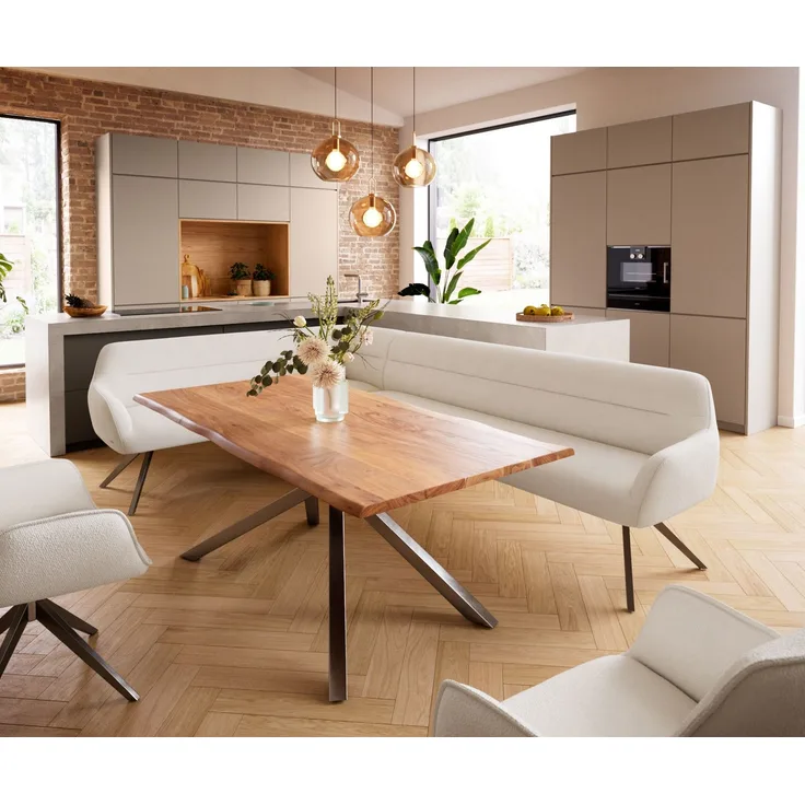 Esszimmerbank Taya-Flex 285x190 cm Bouclé Creme-Weiß Kreuzgestell kantig Graphit Taschenfederkern Rechts