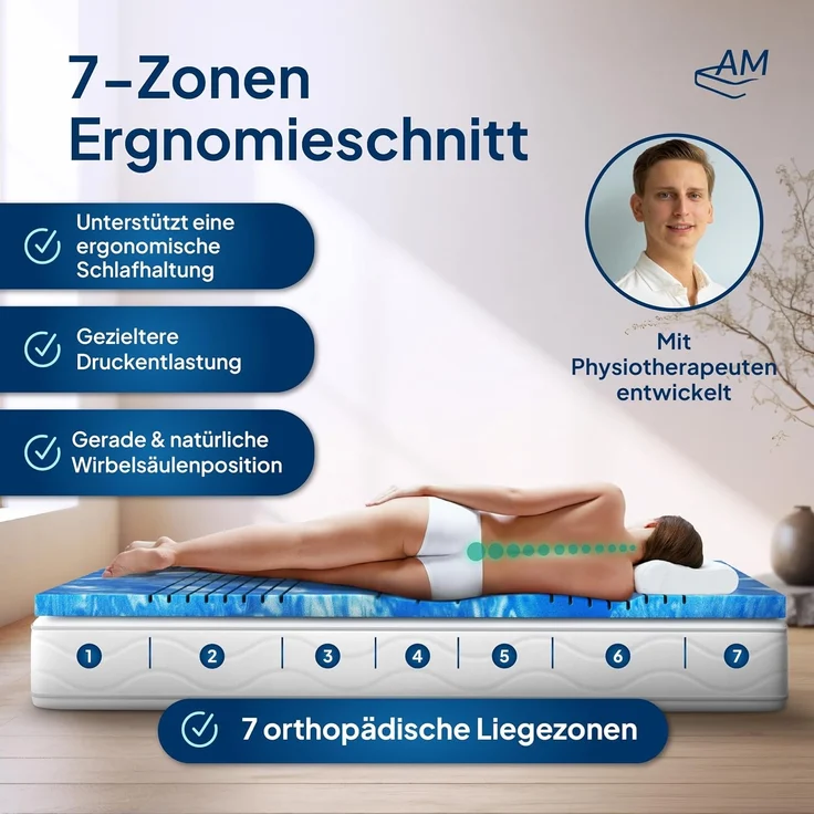 AM Qualitätsmatratzen | 7-Zonen Deluxe Gelschaum-Topper 100x220 cm - 8 cm Höhe – Bild 4