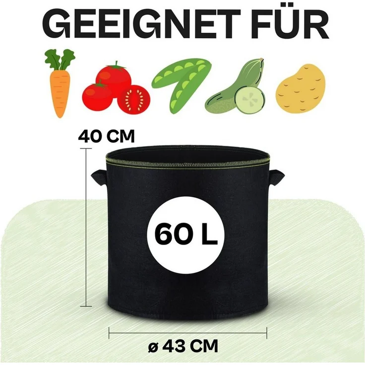 Praknu Pflanzkübel Pflanzsack 60l - 3 STK aus Vliesstoff mit 3 Schilder zum Beschriften (3er Set, 3 St), mit Griff - Für Gemüse, Pflanzen & Blumen - Stofftöpfe - Grow Töpfe – Bild 2