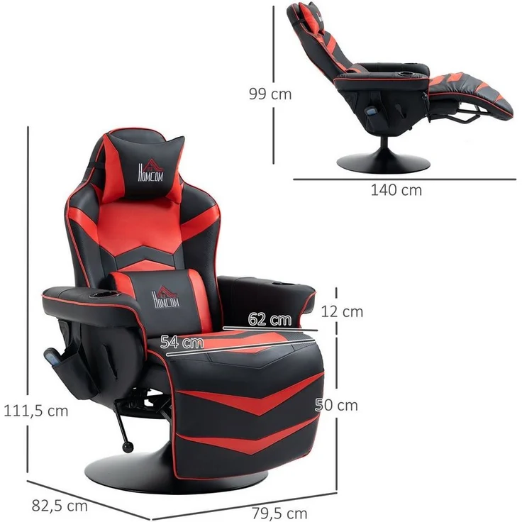 HOMCOM Massagesessel Massagefunktion, inkl. Fußstütze, Liegefunktion (Gaming-Chair, 1-St, Relaxsessel), für Wohhnzimmer, Schwarz+Rot – Bild 2