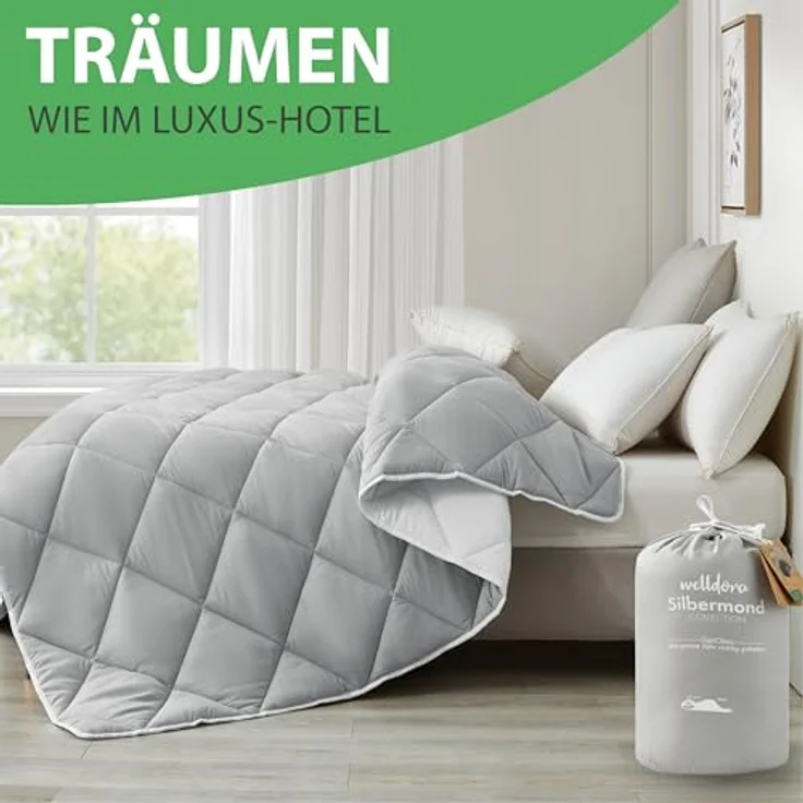Welldora Microfaserbettdecke, Allergiker Bettdecke, Ultra warme Winterdecke, Wendedecke Silbergrau-Weiß, Premium Steppdecke – Bild 5