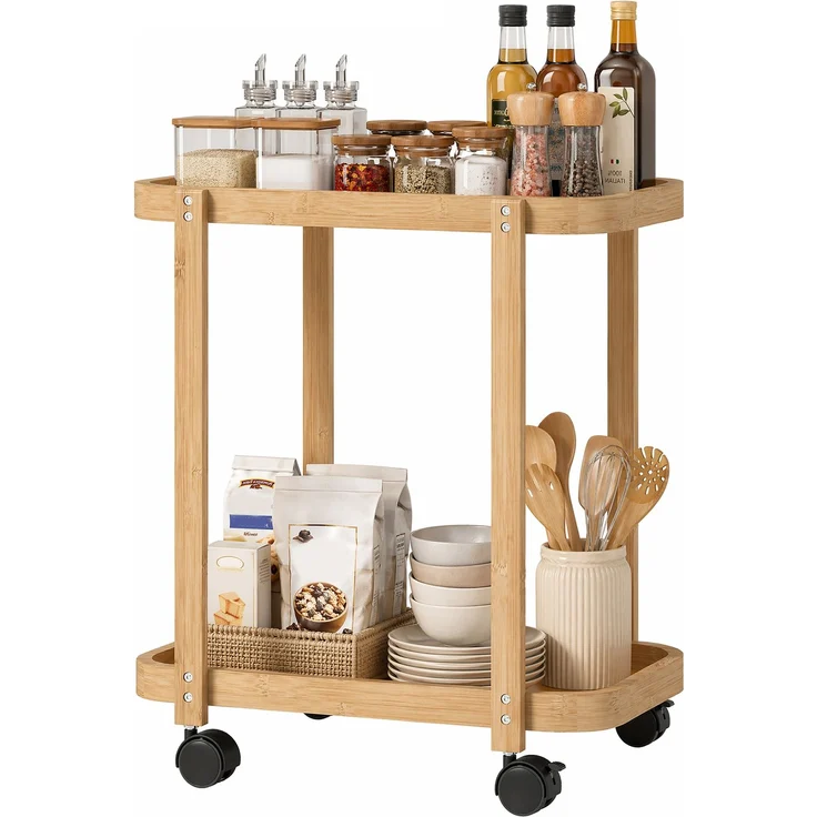 MELAYR, 2-stufiger Küchenwagen aus Bambus, zusätzlicher Küchenwagen mit Rollen, 2 Ablagen, 54 x 36,5 x 60 cm, Naturholz – Bild 2