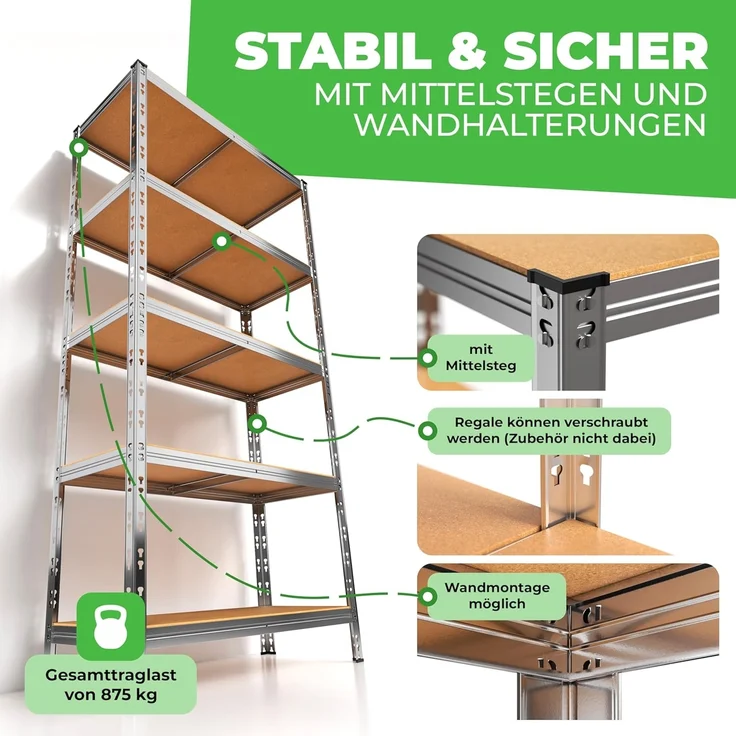 Ondis24 2er Set Metallregal Thomas, Lagerregal 90 x 40 x 180 (H) cm, Kellerregal bis 875kg belastbar, Silber, mit 5 Fachböden, je 175 kg belastbar, höhenverstellbar, Schwerlastregal (Easy-Mount) – Bild 6