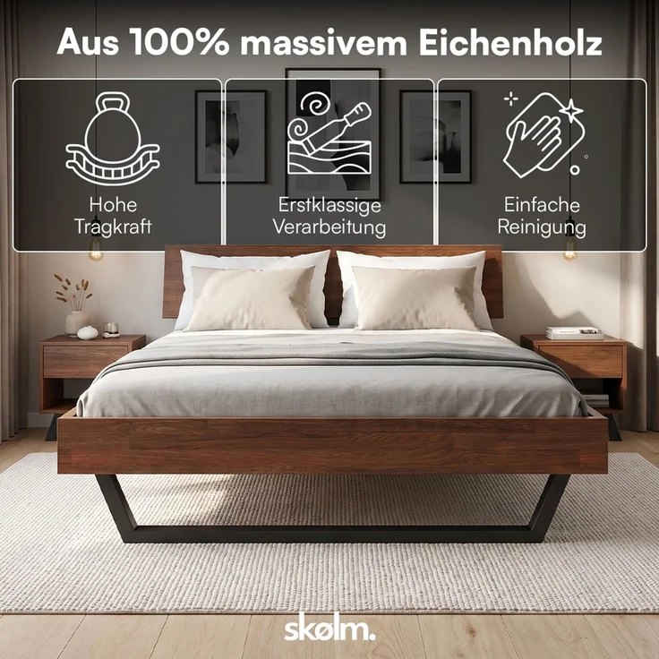 skølm 'Alver' Bett 140x200 cm, Bettgestell, natur geölt, Massivholzbett aus Eiche mit Metallkufen, Walnuss Optik, Bettkopf 1 Strebe – Bild 2