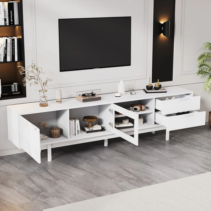 TV-Schrank Weiß 200 x 40 x 50,5 cm, modernes Lowboard für 80-Zoll Fernseher, Sideboard mit 2 Türen 2 Schubladen, 3-Schicht-Ablage – Bild 2