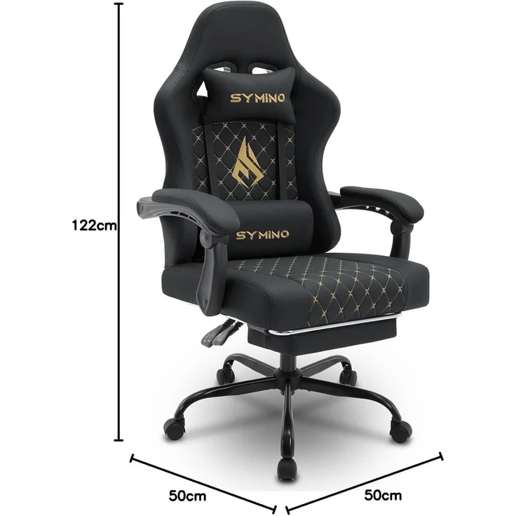 Symino Racing Gamer Stuhl mit Lendenwirbelstütze und Fußstütze, Stabil, Schwarz – Bild 3