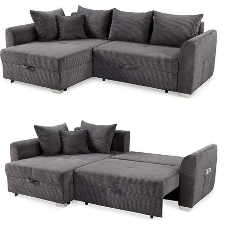 Ecksofa L-Form Couch Polsterecke Schlaffunktion Bettkasten Cord Dunkelgrau – Bild 4