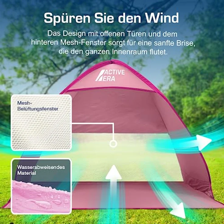Active Era Pop Up Strandmuschel mit UV Schutz, UPF 50+ Strandzelt, Windschutz Strand, Zelt für 2-3 Personen inkl. Tragetasche und Heringe - Pink – Bild 5