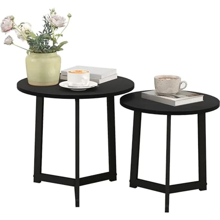 HOMCOM Couchtisch-Set, Schwarz, runde Form aus lackiertem Stahl und MDF, ø48x45 cm und ø40x40 cm, platzsparend und modern