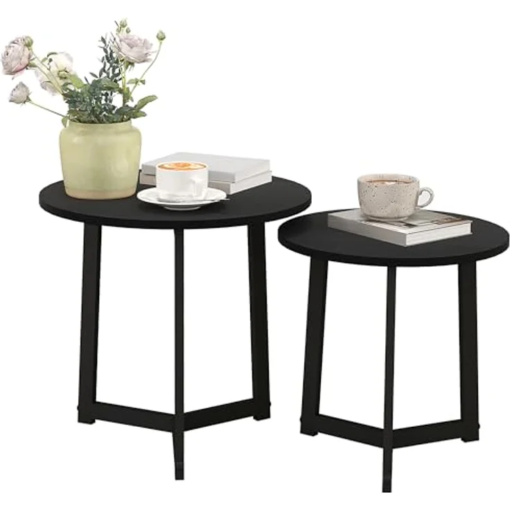 HOMCOM Couchtisch-Set, Schwarz, runde Form aus lackiertem Stahl und MDF, ø48x45 cm und ø40x40 cm, platzsparend und modern – Bild 1
