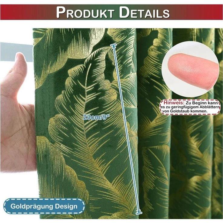 SERBASIC Gardine Goldenem Blättermuster Blickdichte Vorhänge, Thermovorhang Hitzeschutz (2 St), Multifunktionsband, Polyester, 2er Set Verdunklungsvorhänge mit Bindebändern und Innenfutter – Bild 3