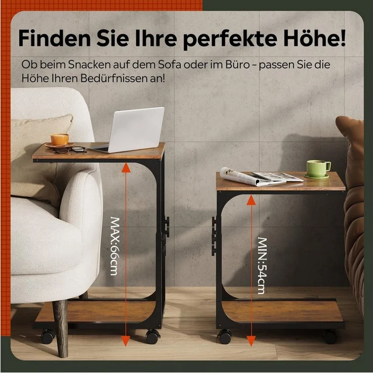 WLIVE Beistelltisch Höhenverstellbar, C Form Sofatisch mit Rollen, Kleiner Couchtisch (1 Tisch), mit 2 Etagen Ablagefach, fürs Wohnzimmer, Schlafzimmer, Balkon – Bild 2