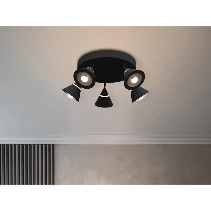 Moderner LED Deckenstrahler ROMEO mit 5 schwenkbaren Spots Schwarz Ø 30cm