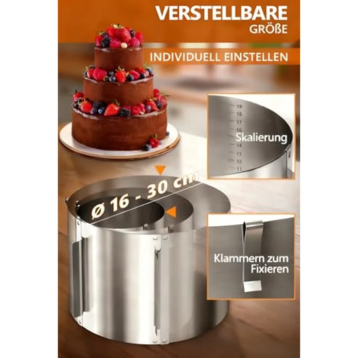 4smile Tortenring verstellbar 16-30 cm, 20 cm hoher Backring aus Edelstahl, stabile Tortenform - Kuchenring rund verstellbar, Backrahmen rund zum Backen und Dekorieren – Bild 6