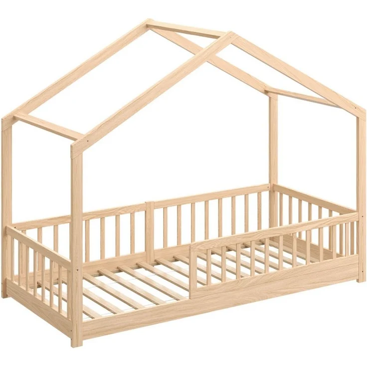 CADANI Kinderbett Malte Hausbett Bodenbett - Rausfallschutz abnehmbar - bis 200 kg (90x200 cm, Montessori Kinder- & Jugendbett aus Kiefer Massivholz), inkl. stabilem Roll-Lattenrost, langfristig nutzbar, Natur – Bild 2