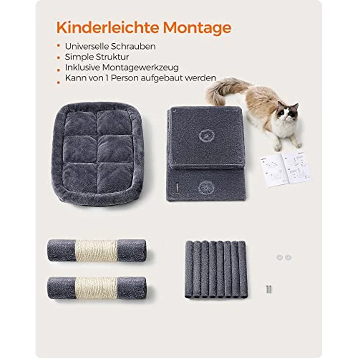 Feandrea Kratzbaum, 101 cm Katzenbaum, XL, Katzenhaus für extra große Katzen bis zu 20 kg, große Plattform, 2 Katzenhöhlen, Sisalstämme, rauchgrau PCT614G01 – Bild 9