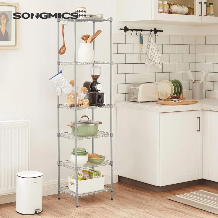 Songmics Küchenregal mit 6 Ebenen, Metallregal, Standregal, höhenverstellbare Gitterablage, mit PP-Kunststoffplatten, 8 S-Haken, für Küche, Wohnzimmer, bis zu 120 kg belastbar, silbern LGR116E01 – Bild 2