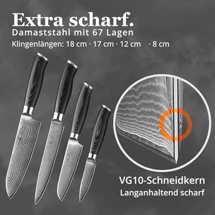Wakoli Messer-Set Mikata 4er Damast Küchenmesser Set Klingen 8 bis 18 cm (Damastmesser mit Geschenkbox, 4-tlg, 4er Damastmesser Set), VG10 Kern, langanhaltende Schärfe, ergonomischer Griff – Bild 4