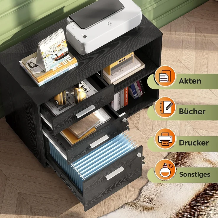 DEVAISE Rollcontainer mit 3 Schubladen und offenen Fächern, mobiler Aktenschrank mit Rollen, Druckertisch für DIN A4/Legal/Letter, abschließbarer Schrank für Büro und Homeoffice, Schwarz--Antikschwarz--63x40x80cm--YOUDENOVA – Bild 2