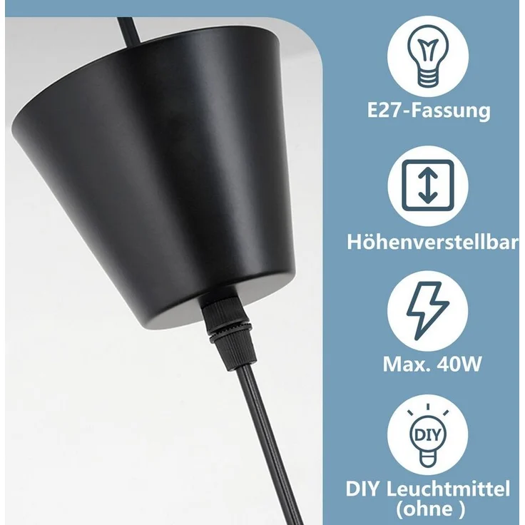 Nettlife Pendelleuchte Vintage Schwarz Esstisch E27 Hängelampe 60/80/100/120/140CM, LED wechselbar, Modern Pendellampe für Wohnzimmer Schlafzimmer Korridor Esszimmer – Bild 3