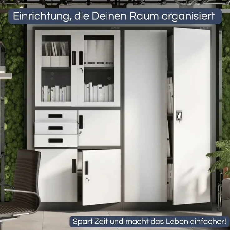 Vitrinenschrank abschließbar GEDO - mit Tresor & Schubladen| Büroschrank aus Stahl Aktenschrank mit Glasfenster Metallschrank Mehrzweckschrank, 185x90x40cm Anthrazit-Weiß – Bild 3