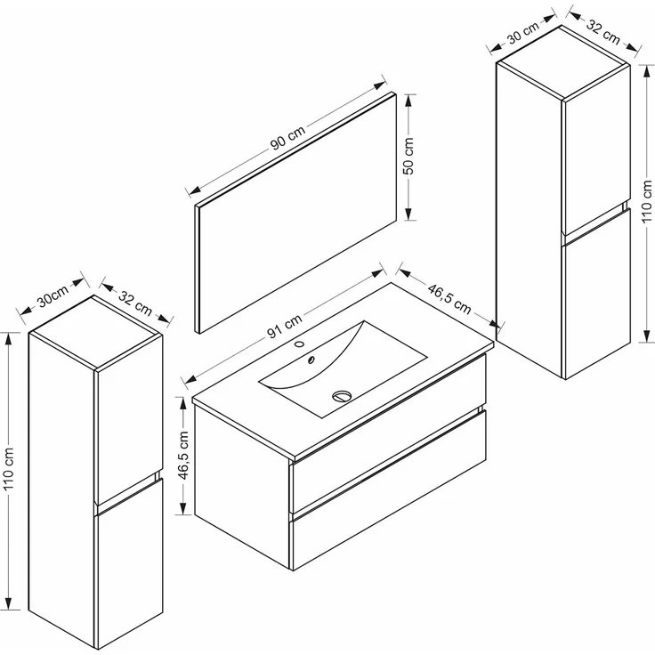 Homeline Badmöbel Set mit Schubladen Glas ablage (Diana Weiss Weiss-Marmor, 90 cm 2X Hochschrank) – Bild 4